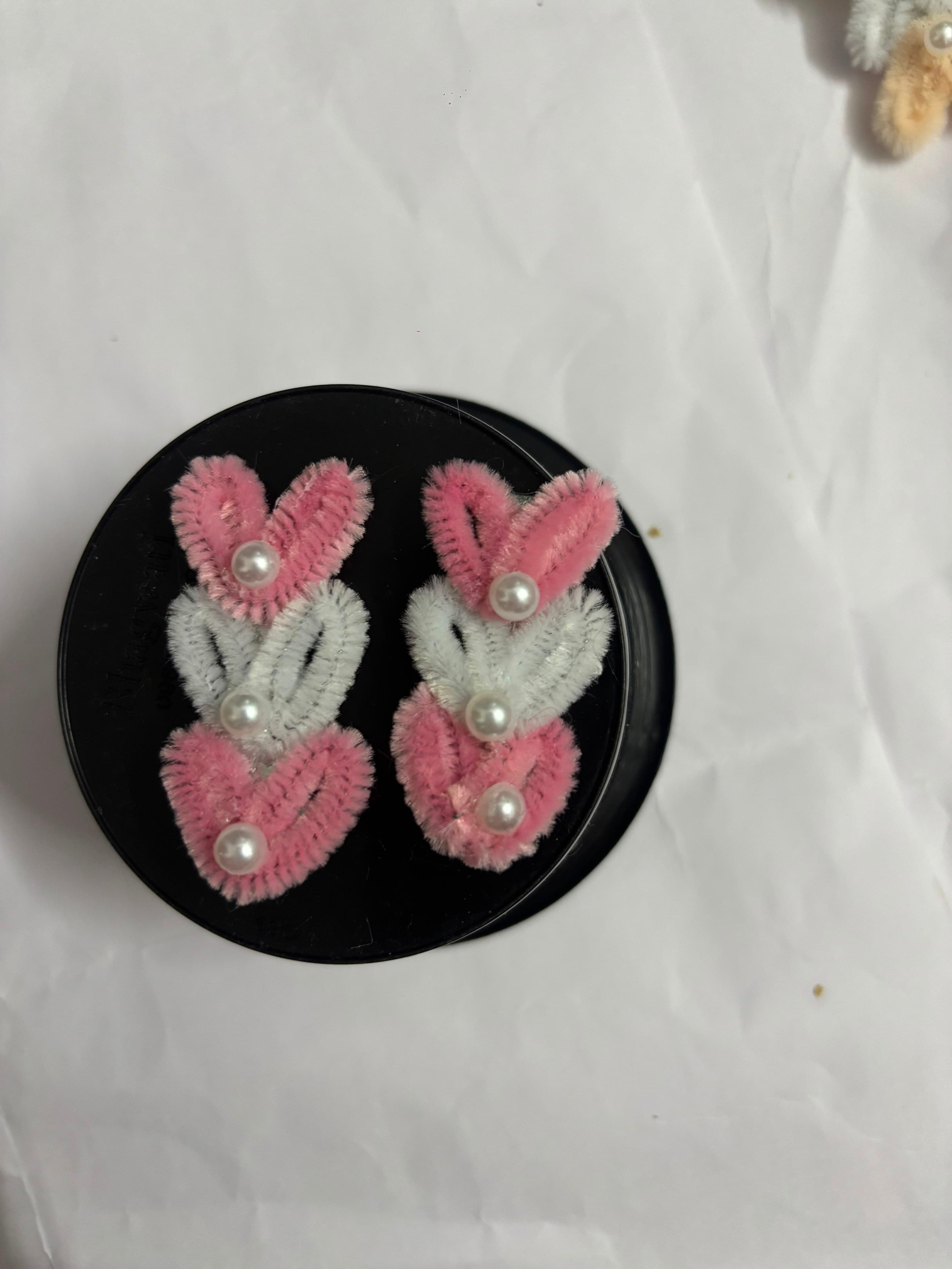 Cute Pink and White Fuzzy Heart Hair Clips Set